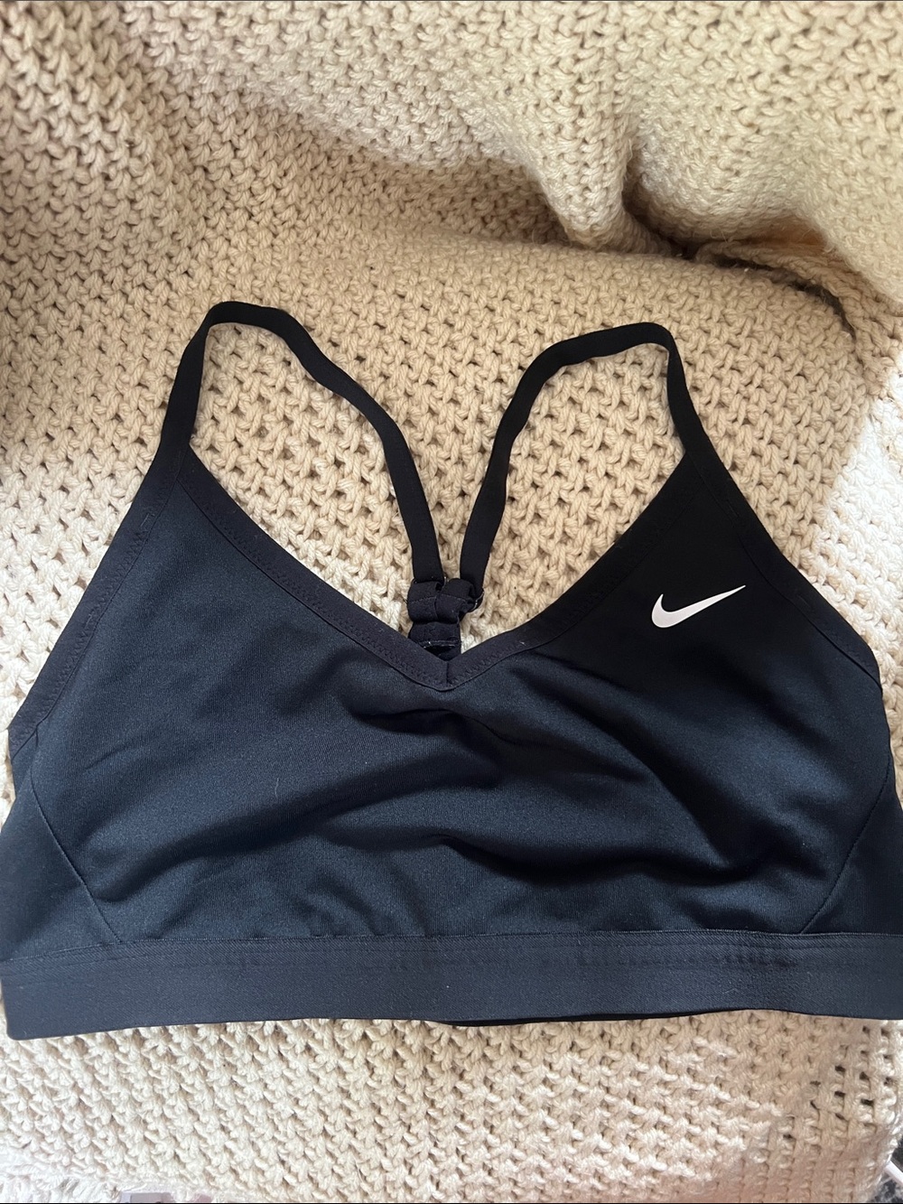 Nike Black Sports Bra with White Swoosh and Adjustable Crisscross Straps